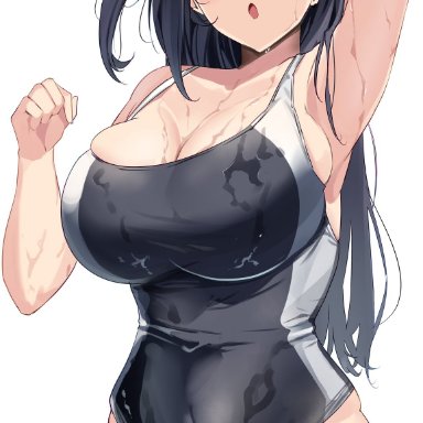 love live!, yuuki setsuna (love live!), yamasonson, 1girls, big hips, black hair, breasts, busty, female, female only, grey eyes, hand on head, hips, huge breasts, intermammary cleft