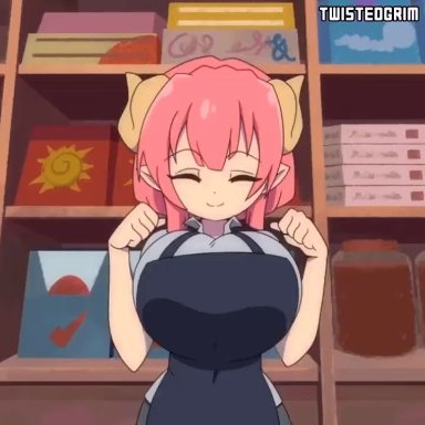 miss kobayashi's dragon maid, ilulu (dragon maid), twistedgrim, animal humanoid, apron, big breasts, bouncing breasts, breasts, cheering, cleavage, clothed, clothing, curled horns, curvy figure, cute expression