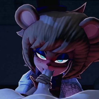 fazclaire's nightclub, five nights at freddy's, fredina's nightclub, freddy (fnaf), cally3d, kumbomb, sariken, animatronic, big penis, black sclera, blowjob, human, human penetrating, light-skinned male, 3d