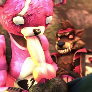 fortnite, cuddle team leader, dire (fortnite), rookieanimator210, 1boy, 1boy1girl, 1female, 1girl, 1girl1boy, 1girls, 1male, animal genitalia, animal penis, anthro, blowjob