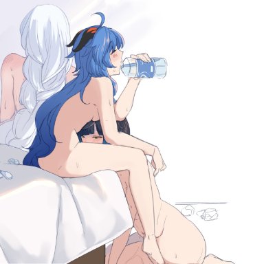 genshin impact, ganyu (genshin impact), shenhe (genshin impact), yelan (genshin impact), hinagi (fox priest), 3girls, after sex, ahoge, bangs, bed, black hair, blue hair, blush, bob cut, bottle