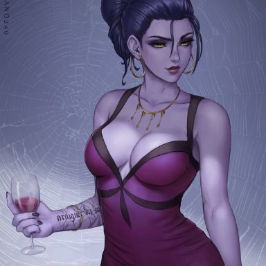 overwatch, widowmaker, sciamano240, 1girl, alcohol, alternate hair length, alternate hairstyle, bracelet, breasts, cleavage, closed mouth, collarbone, colored skin, cowboy shot, cup