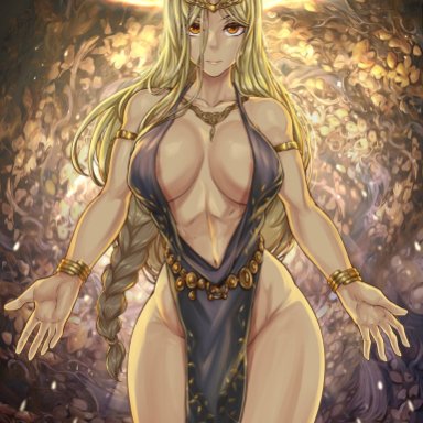 elden ring, fromsoftware, queen marika the eternal, redjet, 1girls, big breasts, blonde hair, dress, female, female only, milf, muscular female, solo, solo female, thick thighs