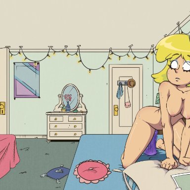 the loud house, lincoln loud, lori loud, bed, big breasts, blonde hair, blush, blushing, brother, brother and sister, caught, caught in the act, cowgirl position, curvy, dildo