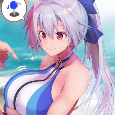 fate/grand order, fate (series), tomoe gozen (fate), asahi (fullmetal madness), bangs, beach, blue bow, blue swimsuit, blurry, blurry background, bow, breast squeeze, breasts, female, hair between eyes