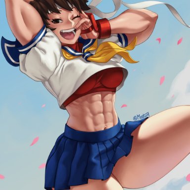 capcom, street fighter, sakura kasugano, mootium, 1girls, abs, big breasts, breasts, female, female only, light-skinned female, muscular, muscular female, school uniform, short hair