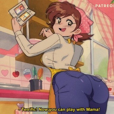 cooking mama, nintendo, mama (cooking mama), bluethebone, 1girls, apron, ass, ass focus, backboob, bandana, big ass, big breasts, big butt, black eyes, breasts