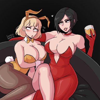 resident evil, resident evil 4, ada wong, ashley graham, loggus doggus, 2girls, beer, black hair, blonde, blonde hair, blush, blushing, bunny ears, bunny girl, bunny tail