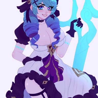 league of legends, gwen (league of legends), autumn ghost, big breasts, blue hair, doll, dress, dress lift, lingerie, maid, smile, stockings