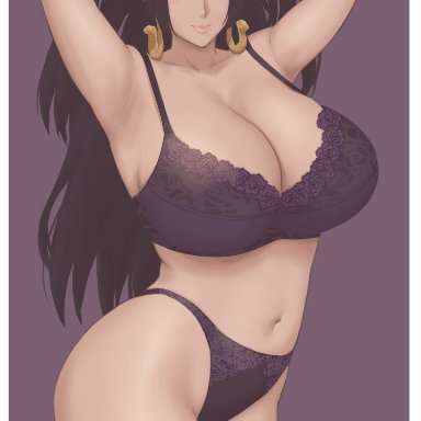 one piece, shounen jump, boa hancock, ma mi fe, 1girls, armpits, arms up, black hair, blue eyes, blush, bra, breasts, cleavage, curvy, earrings