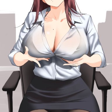 original, ichinose (ichinose1592), 1girls, bangs, bikini, black bikini, black legwear, blush, breast hold, breasts, brown eyes, brown hair, chair, cleavage, closed mouth