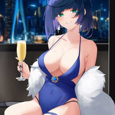 genshin impact, mihoyo, yelan (genshin impact), jiang ye kiri, 1girls, alcohol, bare shoulders, bed, blush, breasts, champagne, city, cityscape, crossed legs, curvaceous