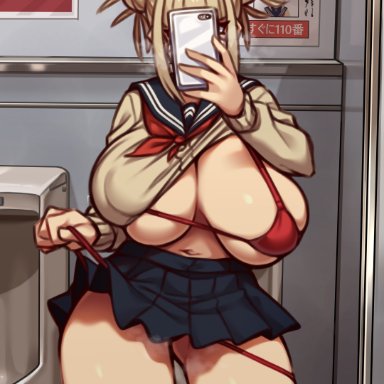 my hero academia, himiko toga, coffeelove68, 1girls, bathroom, bikini, blonde hair, breasts, condom, female, female only, hips, holding object, huge breasts, indoors