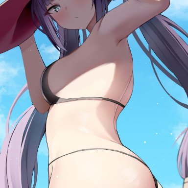 genshin impact, mona (genshin impact), t373412, ass, bikini, black bikini, blue eyes, blush, breasts, dat ass, female, female only, human, looking at viewer, mage