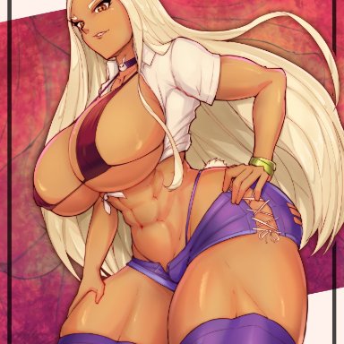 my hero academia, miruko, rumi usagiyama, telrem, 1girls, abs, big breasts, bikini top, booty shorts, bunny ears, bunny girl, bunny tail, choker, curvy, curvy figure