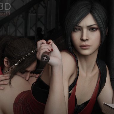 resident evil, resident evil 2, resident evil 2 remake, ada wong, claire redfield, anilingus, nixee3d, 2girls, ass, ass eating, ass grab, ass sniffing, ass up, brown hair, butt cheeks