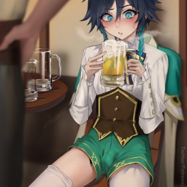 genshin impact, venti (genshin impact), ikemeru19, 1boy, 1male, alcohol, alcoholic drink, androgynous, ball bulge, balls, beer, beer mug, blue eyes, blue hair, blush