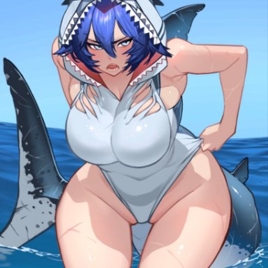 theamazingspino, armpits, big breasts, blue hair, breasts, light-skinned female, light skin, shark girl, shark tail, sharp teeth, short hair, teeth, thick thighs, thighs, voluptuous