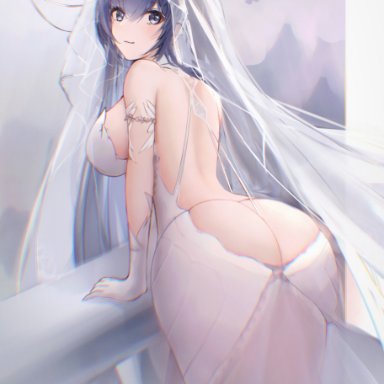 azur lane, new jersey (azur lane), fan (ariku), animal ears, ass, backless dress, backless outfit, bare back, blue hair, blush, breasts, bridal veil, bride, butt crack, dress