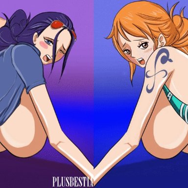one piece, nami, nico robin, plusbestia, all fours, ass, black hair, blue eyes, blush, bouncing breasts, brown eyes, clothed sex, deep penetration, hanging breasts, huge breasts