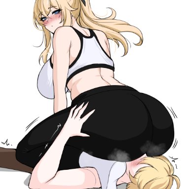 genshin impact, aether (genshin impact), fat ass, jean gunnhildr, drogod (artist), 1boy, 1girls, ass, big ass, big breasts, big butt, blonde hair, blue eyes, blush, bubble ass