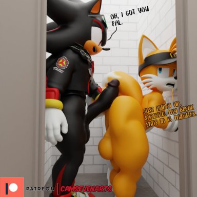 sega, sonic (series), sonic the hedgehog (series), shadow the hedgehog, tails, camseven, 2boys, anthro, asking for it, ass, balls, bent over, big ass, big penis, blue eyes