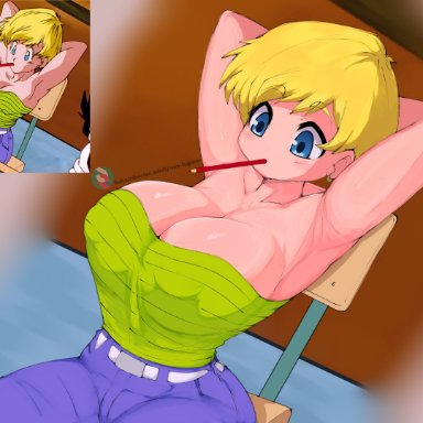 dragon ball, dragon ball z, erasa, neo hajime, 1girls, armpit, armpits, arms behind head, big breasts, blonde hair, blue eyes, breasts, busty, cleavage, curvy