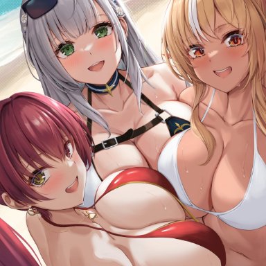 hololive, houshou marine, shiranui flare, shirogane noel, kuutamo, 3girls, back, beach, bikini, blonde hair, breasts, breasts touching, cleavage, female, female only