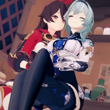 genshin impact, amber (genshin impact), eula (genshin impact), blue hair, blush, breasts, brown hair, closed eyes, clothing, crossed arms, crossed legs, cute, embarrassed, female, female only