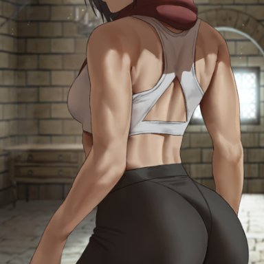 attack on titan, shingeki no kyojin, mikasa ackerman, shexyo, 1girls, ass, back, back view, black hair, breasts, female, female only, hips, large ass, lifting weights