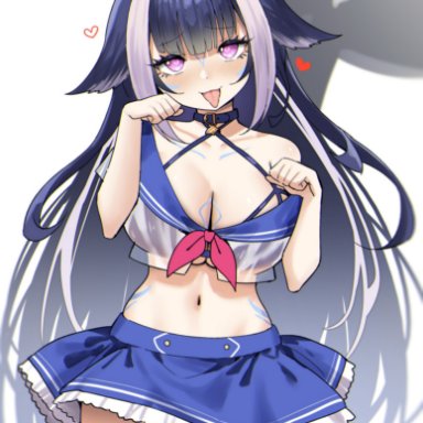 indie virtual youtuber, shylily, sky (freedom), 1girls, ahoge, animal tail, bangs, black hair, blush, cleavage, garter straps, heart-shaped pupils, long hair, miniskirt, open shirt