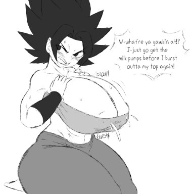 dragon ball, dragon ball super, dragon ball z, caulifla, sunsleptos, 1girls, big breasts, blush, breasts, female, huge breasts, lactation, lactation through clothes, nipple bulge, thick thighs