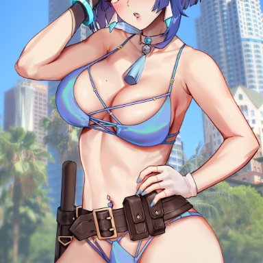 genshin impact, yelan (genshin impact), foxyrain, foxyreine, 1girls, bikini, blue bikini, blue hair, breasts, cleavage, female, female only, green eyes, hips, huge breasts