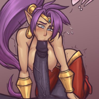 shantae, shantae (character), raiounsfw, 1boy, 1girls, :&gt;=, blowjob, breasts, earrings, erection, faceless male, fellatio, female, headwear, heart-shaped pupils