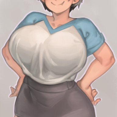 uzaki-chan wa asobitai!, uzaki hana, kelvin hiu, 1girls, blue eyes, breasts, clothed, clothed female, cute fang, female, female only, grey hair, hand on hip, hips, huge breasts