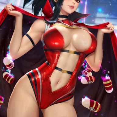 my hero academia, momo yaoyorozu, neoartcore, nudtawut thongmai, 1girls, arms up, bare arms, bare thighs, big breasts, black hair, breasts, brown eyes, busty, cape, cleavage