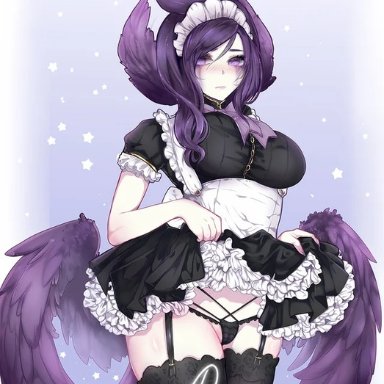 league of legends, riot games, morgana, ririsaurus, black panties, blush, garter straps, glowing eyes, looking at viewer, maid, panties, purple eyes, purple hair, skirt, skirt lift