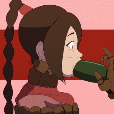 avatar the last airbender, ty lee, dawho555, bondage, braided ponytail, brown hair, earthbending, eyebrows, gag, gagged, ponytail, red background, sidelocks, tearing up, x-ray