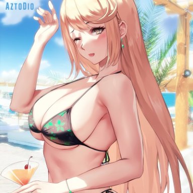 nintendo, xenoblade (series), xenoblade chronicles 2, mythra, azto dio, 1girls, bangs, beach, bikini, black bikini, blonde hair, breasts, female, female only, gold eyes