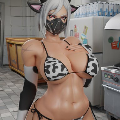 fortnite, fortnite: battle royale, hush (fortnite), tetraquar, 1girl, big breasts, breasts, cow bikini, female only, grabbing own breast, kitchen, looking at viewer, masked, masked female, red eyes