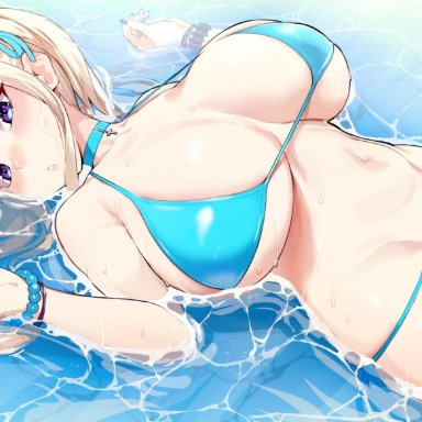 original, original character, ikuchan kaoru, 1girls, :o, bangs, bare shoulders, bead bracelet, beads, big breasts, bikini, blonde hair, blue bikini, blue nails, blunt bangs