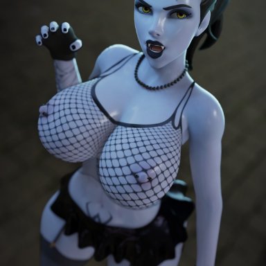 overwatch, widowmaker, shadowboxer, big areola, big breasts, fishnet shirt, huge breasts, pierced nipples, skirt, stockings, thick thighs, vampire, 3d