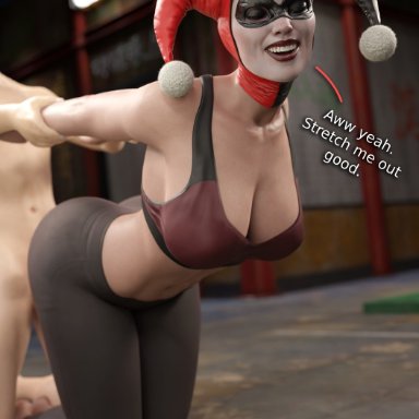 batman (series), dc, dc comics, harley quinn, harley quinn (classic), smitty34, big breasts, cfnm, closed eyes, large breasts, male, naked male, smiling, sports bra, stretching