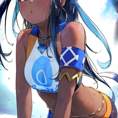 pokemon, pokemon ss, nessa (pokemon), hizake, black hair, blue eyes, blue hair, crop top, dark-skinned female, earrings, multicolored hair, shorts, wet, wet clothes