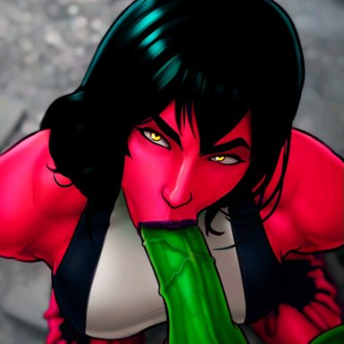 hulk (series), marvel, marvel comics, betty ross, bruce banner, hulk, red she-hulk, pumpkinsinclair, 1boy, 1girls, angry dragon, big penis, black hair, blowjob, breasts