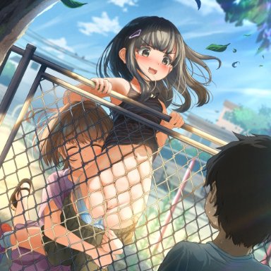 original, original character, 1boy, 2girls, accidental exposure, assisted exposure, bangs, black hair, blush, bottoms down, brown hair, camisole, carrying, chain-link fence, cheek press