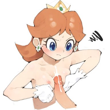 mario (series), nintendo, princess daisy, youjomodoki, 1boy, 1girls, big penis, blush, breasts, cum, gloves, light-skinned female, naizuri, paizuri, penis