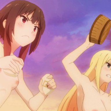 chomusuke, darkness (konosuba), dustiness ford latatina, megumin, satou kazuma, damnboyshethicc (artist), 1boy, 2girls, angry, bath, big breasts, blonde hair, blue eyes, breasts, brown hair