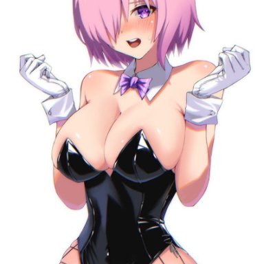 fate/grand order, fate (series), mash kyrielight, artist request, breasts, bunny ears, bunny girl, bunnysuit, cleavage, fake animal ears, hair over one eye, large breasts, open mouth, pantyhose, pink hair