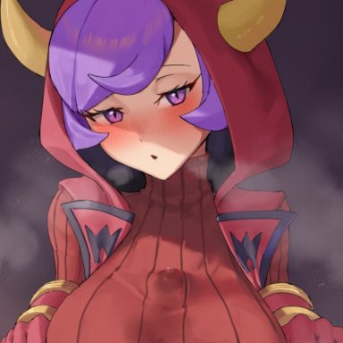 pokemon, pokemon (game), pokemon oras, courtney (pokemon), team magma, amog, blush, breasts, cum, cum in clothes, cum through clothes, dress, fake horns, female, gloves